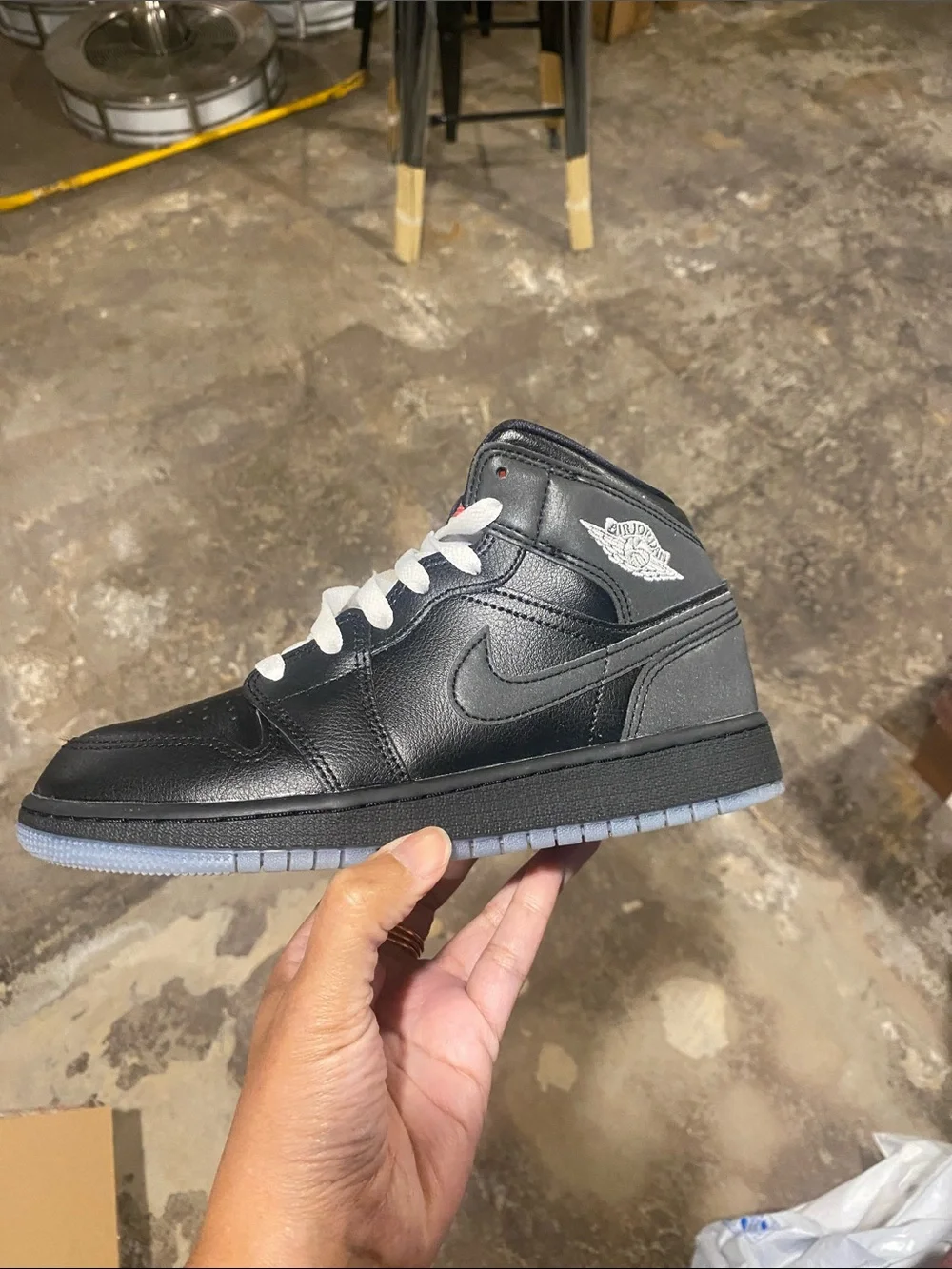 Nike Air Jordan 1 Mid - Black with White Laces and Red Tongue